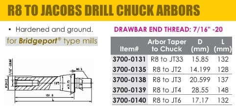 R8 to Jacobs Drill Chuck Arbors - R8 to JT6 ID 66956-