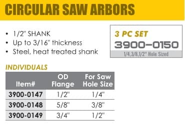 Circular Saw Arbors - 1/2, 5/8, 3/4 OD Flange ID 85681-