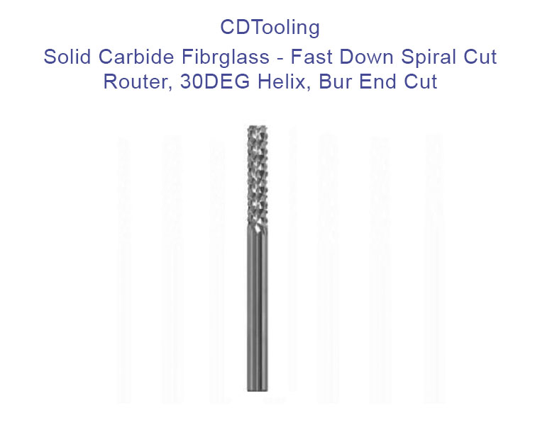 1/32(0.0313) Diameter - 1/8 Shank - 1-1/2 Overall Length - Solid Carbide Fibrglass - Fast Down Spiral Cut Router - 30DEG Helix - Bur End Cut - ID: 805-103-B-0312