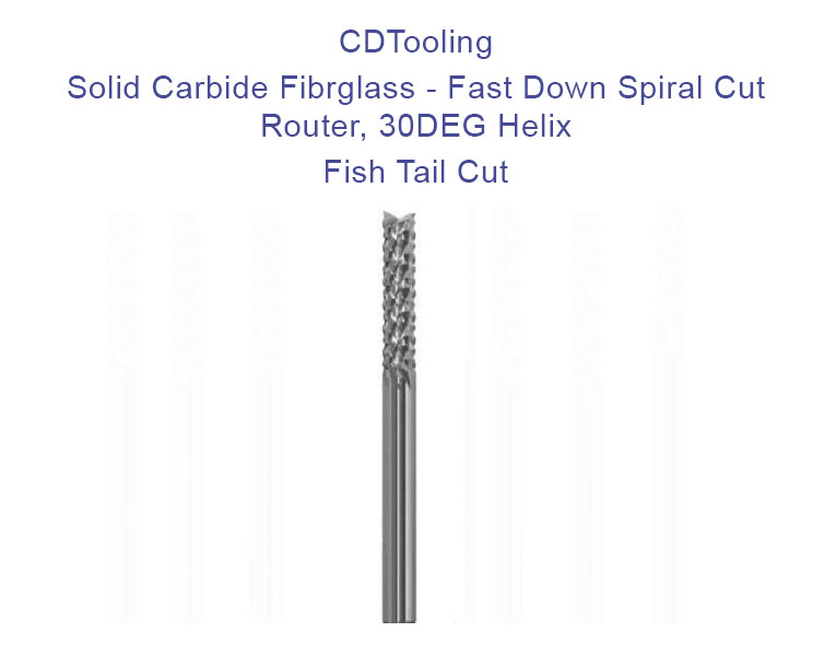 1.50 mm(0.0591) Diameter - 3.175mm Shank - 38.1mm Overall Length - Solid Carbide Fibrglass - Fast Down Spiral Cut Router - 30DEG Helix - Fish Tail Cut - ID: 805-103-F0591