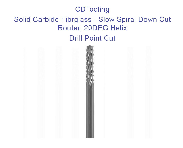 #60(0.0400) Diameter - 1/8 Shank - 1-1/2 Overall Length - Solid Carbide Fibrglass - Slow Spiral Down Cut Router - 20DEG Helix - Drill Point Cut- ID: 805-104-D0400