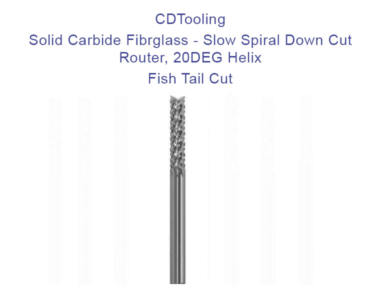 1.50 mm(0.0591) Diameter - 3.175mm Shank - 38.1mm Overall Length - Solid Carbide Fibrglass - Slow Spiral Down Cut Router - 20DEG Helix - Fish Tail Cut - ID: 805-104-F0591