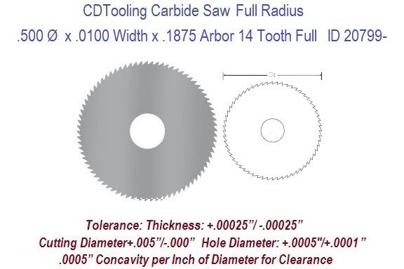 .500 Ø x .0100 Width x .1875 Arbor 14 Tooth Full Radius Solid Carbide Saws ID 20799-