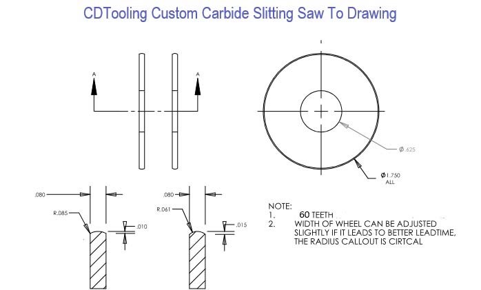 1.75 1-3/4 Inch Diameter 0.080 Width  5/8 Arbor Solid Carbide Saw 2 Pc set Set R.061 / R.085 ID: 17909-DNW