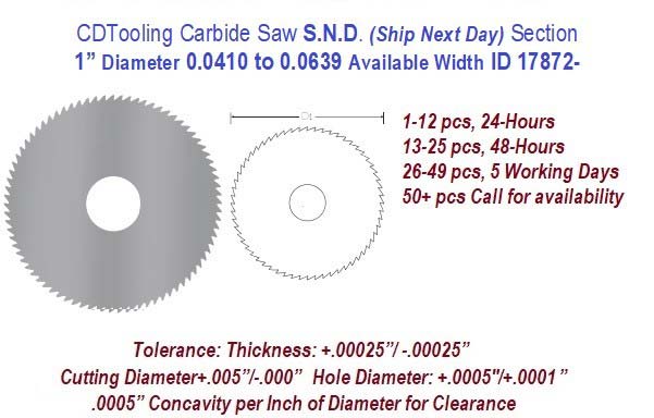 1 Inch Diameter 0.0410 to .0639 Width Range Solid Carbide Saws Ships in 24 Hrs ID 17872-