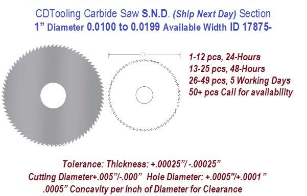 1 Inch Diameter 0.0100 to .0199 Width Range Solid Carbide Saws Ships in 24 Hrs ID 17875-