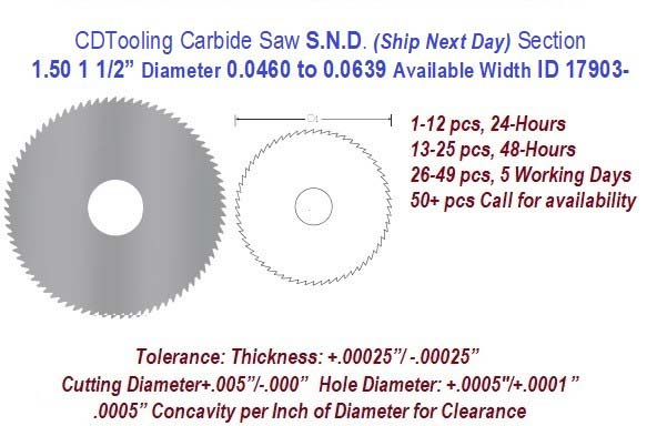 1.50  1 1/2 Inch Diameter 0.0460 to .0639 Width Range Solid Carbide Saws Ships in 24 Hrs ID 17903-