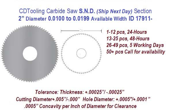 2 Inch Diameter 0.0100 to .0199 Width Range Solid Carbide Saws Ships in 24 Hrs ID 17911-