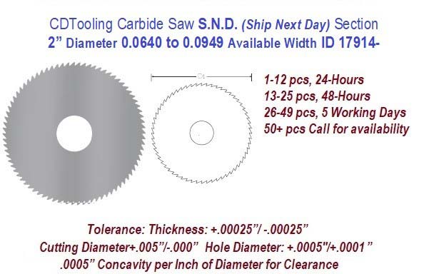 2 Inch Diameter 0.0640 to .0949 Width Range Solid Carbide Saws Ships in 24 Hrs ID 17914-