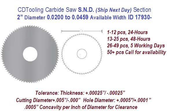 2 Inch Diameter 0.0200 to .0459 Width Range Solid Carbide Saws Ships in 24 Hrs ID 17930-