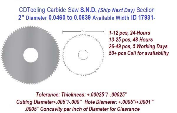 2 Inch Diameter 0.0460 to .0639 Width Range Solid Carbide Saws Ships in 24 Hrs ID 17931-