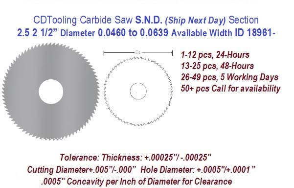 2.5 2 1/2 Inch Diameter 0.0460 to .0639 Width Range Solid Carbide Saws Ships in 24 Hrs ID 18961-