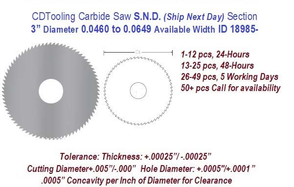 3 Inch Diameter 0.0460 to .0649 Width Range Solid Carbide Saws with 1/4 inch Keyway Ships in 24 Hrs ID 18985-KW