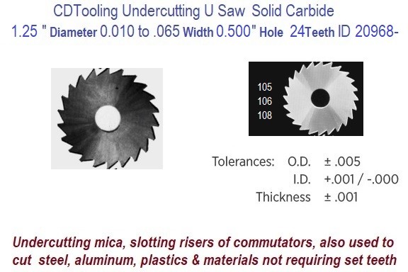 Undercutting U Plain Slitting Saw Carbide 1.25 1-1/4 Inch Dia - .010 to .065 Width .500 Hole 24 Teeth ID 20968-