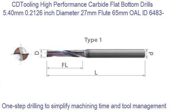 5.40mm 0.2126 inch Diameter 27mm Flute 65mm Flat Drill Bottom Carbide Drill OAL ID 6483-