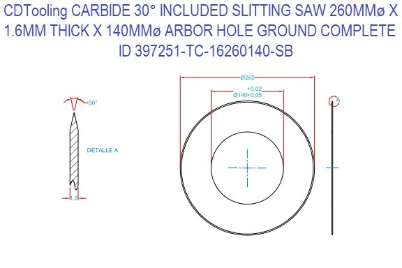 397251-TC-16260140-SB CARBIDE 30° INCLUDED SLITTER 260MMø X 1.6MM THICK X 140MMø ARBOR HOLE GROUND COMPLETE