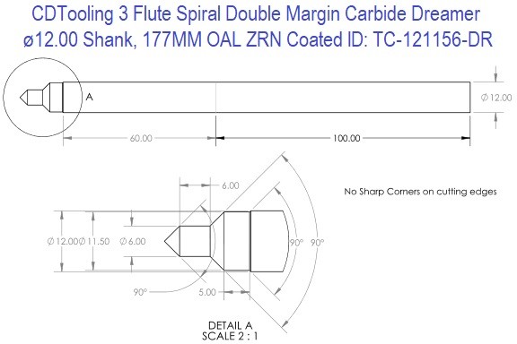TC-121156-DR CARBIDE 3-FLUTE SPIRAL DOUBLE MARGIN DREAMER SHANK= ø12.00 X OAL= 177MM W/ ZRN COATING