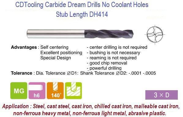 9/64 x 2-3/64 Dream Drills 3xD No Coolant Holes Steel - Cast - Non-Ferrous - Abrasive Material Plastic STUB LENGTH - Series Dh414 - ID: 7821-0091ATF