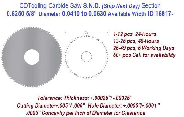 0.625 5/8 Inch Diameter .0410 to .0630 Width Range Solid Carbide Saws Ships in 24 Hrs ID 16817-