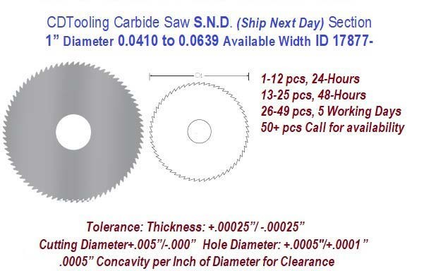 1 Inch Diameter 0.0410 to .0639 Width Range Solid Carbide Saws Ships in 24 Hrs ID 17877-
