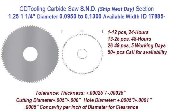 1.25  1 1/4 Inch Diameter 0.0950 to .1300 Width Range Solid Carbide Saws Ships in 24 Hrs ID 17885-