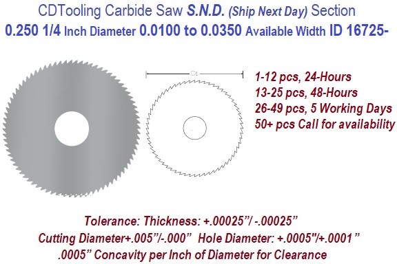 0.250 1/4 Inch Diameter .0100 to .0350 Width Range Solid Carbide Saws Ships in 24 Hrs ID 16725-