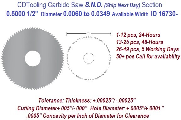 0.500 1/2 Inch Diameter .0060 to .0349 Width Range Solid Carbide Saws Ships in 24 Hrs ID 16730-