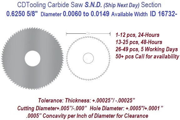 0.625 5/8 Inch Diameter .0060 to .0149 Width Range Solid Carbide Saws Ships in 24 Hrs ID 16732-