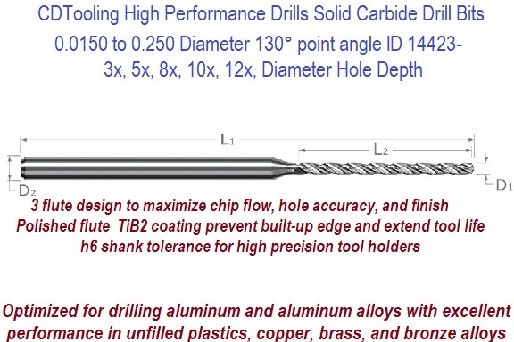 Solid Carbide Drill Bits for Performance Drilling of Aluminum Alloys 3 flute Polished flute .0150 to 0.250 Diameter 3x to 12 x Diameter ID 14423-