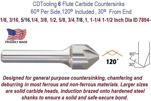 1 x 1/2 - 120 Deg Included - 6FL - Carbide Countersink - ID: 7894-336-010090